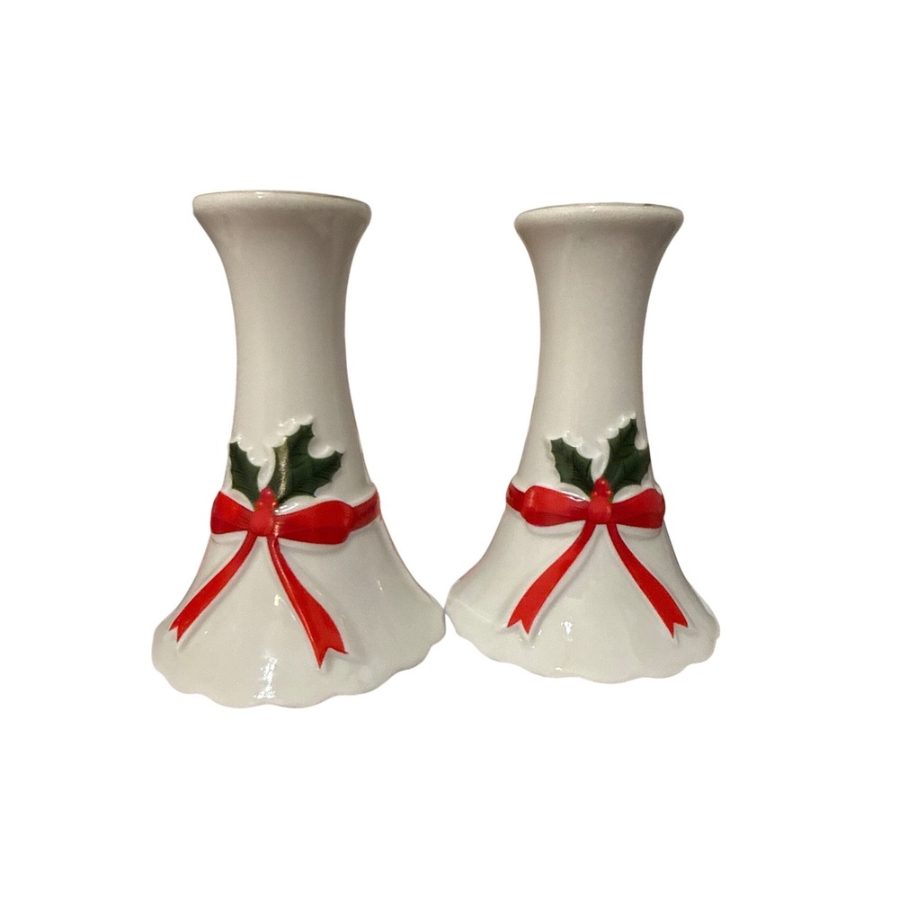 Mount Clemens Pottery Christmas Candlesticks Holly Ribbon Pair Japan